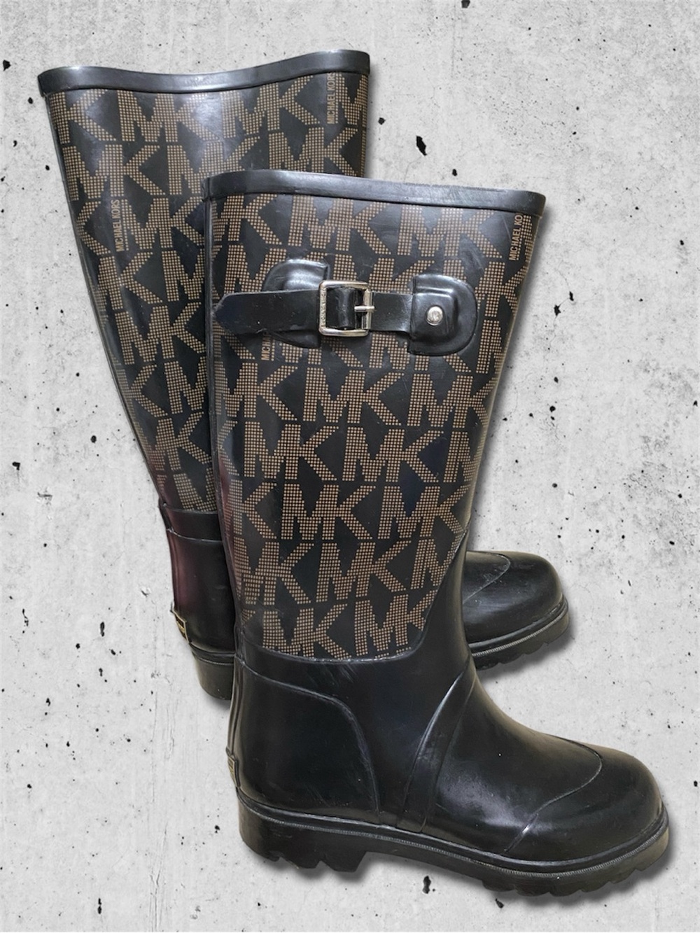 Michael Kors Black & Brown Logo Rain Boots with Buckle Detail (Size 6)